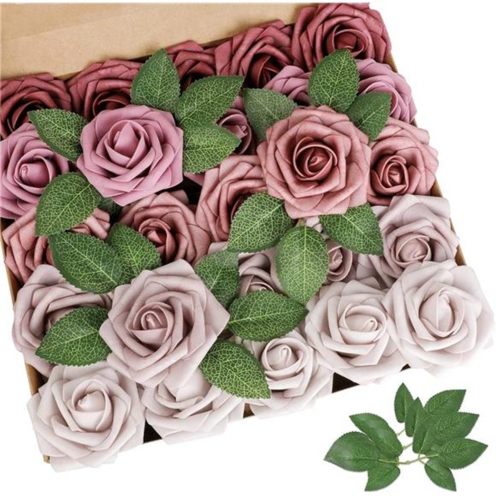 Artificial Flower Shades of Mauve Rose 25pcs Real Looking Fake Roses w/Stem